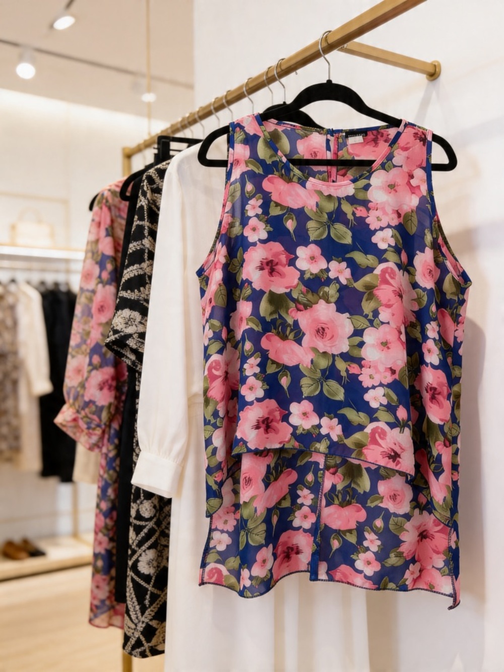 Zenobia Navy Floral Layered Sleeveless Tunic with Pink Blossoms